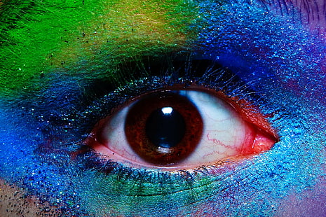 close-up photography of human eye with green and blue eyeshadow, close-up photography, human eye, green, blue, eyeshadow, art, beauty, colours, colored, colour, coloured, creativity, fashion, fun, macro, make up, motley, people, person, photoshop, макро, belka, Yulia, girl, face, girlfriend, red, yellow, multi Colored, vibrant Color, close-up, backgrounds, colors, HD wallpaper HD wallpaper