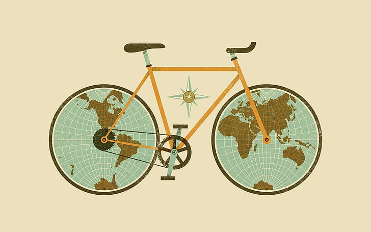 عمل فني ، دراجات ، كرات أرضية ، بساطتها ، خلفية بسيطة ، خريطة العالم، خلفية HD