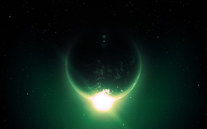 fondo de pantalla eclipse, verde, planeta, estrellas, espacio, arte espacial, Fondo de pantalla HD