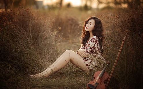 Summer grass, girl, asian, violin, music, Summer, Grass, Girl, Asian, Violin, Music, HD wallpaper HD wallpaper