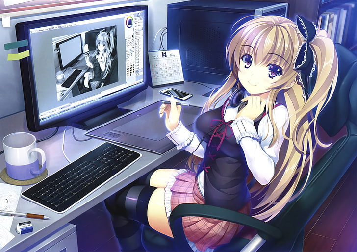 personaje de anime femenino, anime, personajes originales, computadora, teclados, tabletas gráficas, muslos, falda, Fondo de pantalla HD