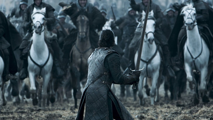 homem segurando a espada na frente do homem montando fotografia de cavalo, Game of Thrones, Batalha dos Bastardos, Jon Snow, Kit Harington, HD papel de parede