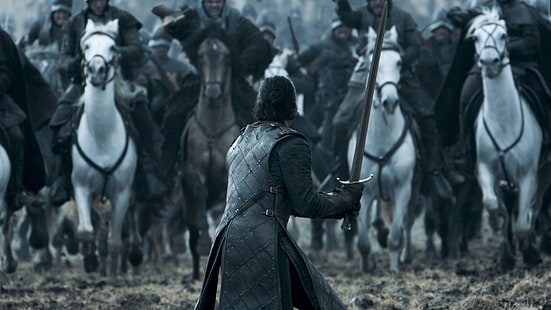 Hombre sujetando la espada delante del hombre montando a caballo fotografía, Juego de Tronos, Batalla de los Bastardos, Jon Snow, Kit Harington, Fondo de pantalla HD HD wallpaper