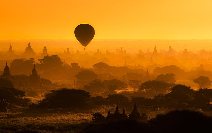 балон с горещ въздух, дървета, балон, архитектура, силуети, храмове, Мианмар, Баган, HD тапет