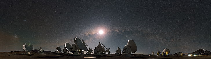 antenna grigia, stelle, La luna, La Via Lattea, Radiotelescopio, Sfondo HD