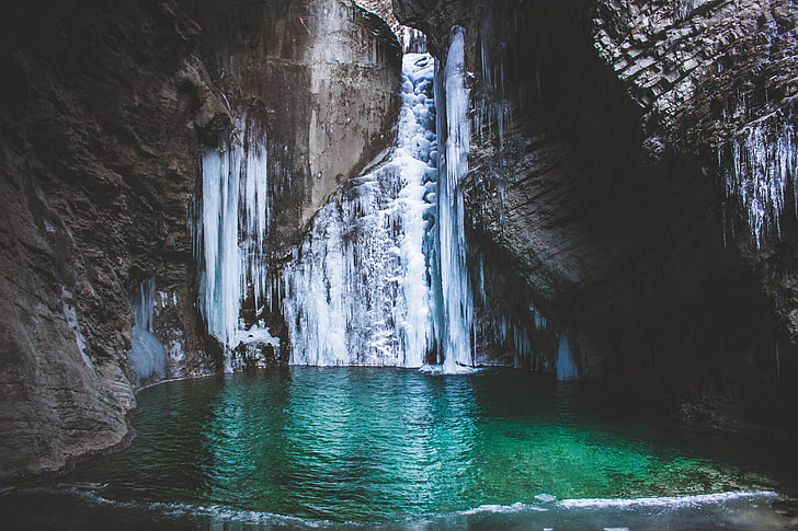 cave pool, waterfall, lake, mountain, HD wallpaper