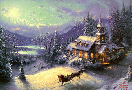 house and horse wallpaper, winter, road, forest, light, snow, mountains, lake, stay, horse, figure, home, picture, ate, art, drawings, pictures, sleigh, painting, chapel, Thomas Kinkade, lunar, Sunday Eve Sleigh Ride, evening, Sunday, HD wallpaper HD wallpaper