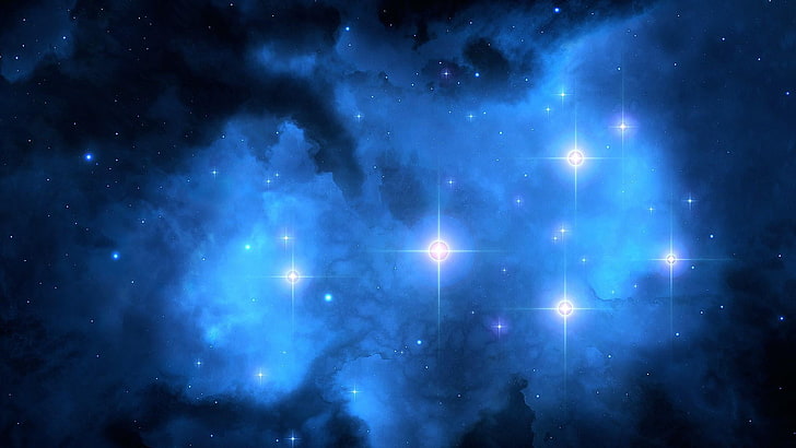 stars, seven, blue, universe, nebular, pleiades, cosmos, light, brightstars, space, HD wallpaper