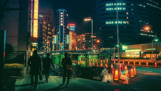 orange traffic lights, Tokyo, Japanese, neon, bicycle, HD wallpaper HD wallpaper