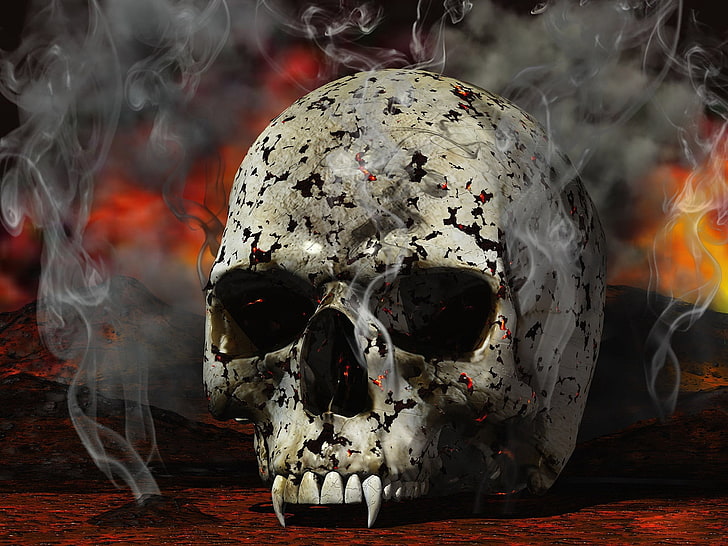 иллюстрация белого черепа, череп, черный, белый, красный, дым, HD обои