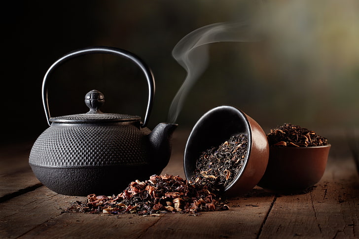 black teapot, tea, black, kettle, welding, bowls, HD wallpaper