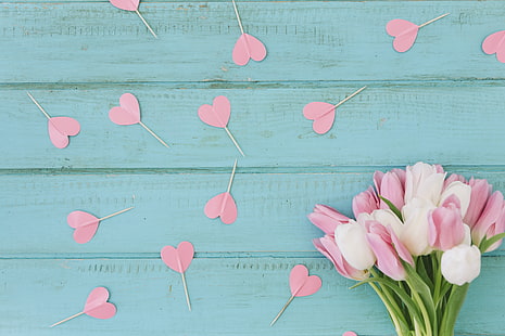  background, blue, bouquet, hearts, tulips, wood, HD wallpaper HD wallpaper
