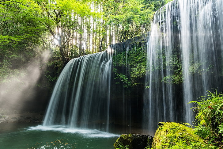 Waterfalls, Waterfall, Greenery, Nature, Sunbeam, HD wallpaper