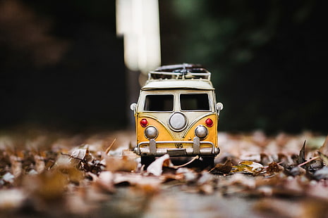 toys, vw bus, macro, leaves, Volkswagen combi, HD wallpaper HD wallpaper