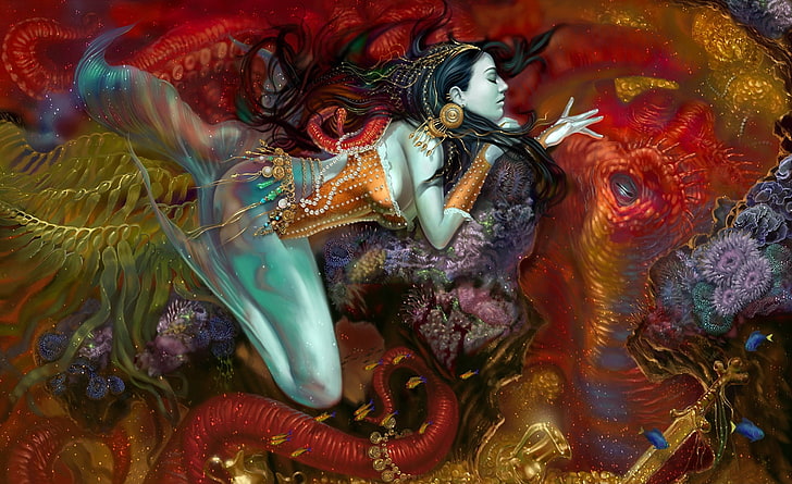 Mermaid, woman hindu deity painting, Artistic, Fantasy, Mermaid, HD wallpaper