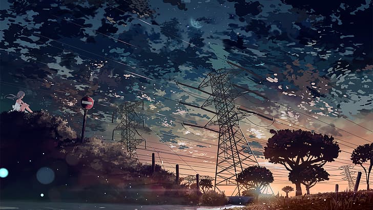 anime, clouds, powerlines, trees, digital, artwork, 5 Centimeters Per Second, HD wallpaper