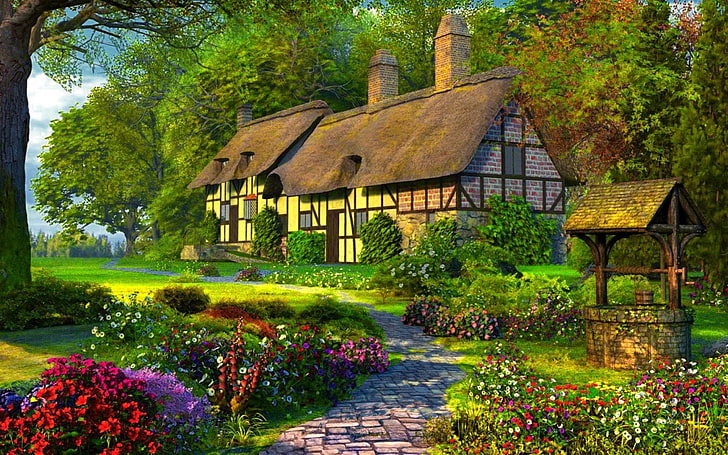 Künstlerisch, Malen, Landhaus, Blume, Frühling, Baum, HD-Hintergrundbild