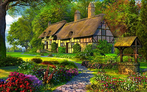 Artistic, Painting, Cottage, Flower, Spring, Tree, HD wallpaper HD wallpaper