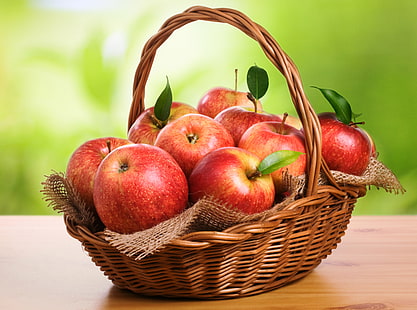 basket of apple, table, basket, apples, red, fruit, HD wallpaper HD wallpaper