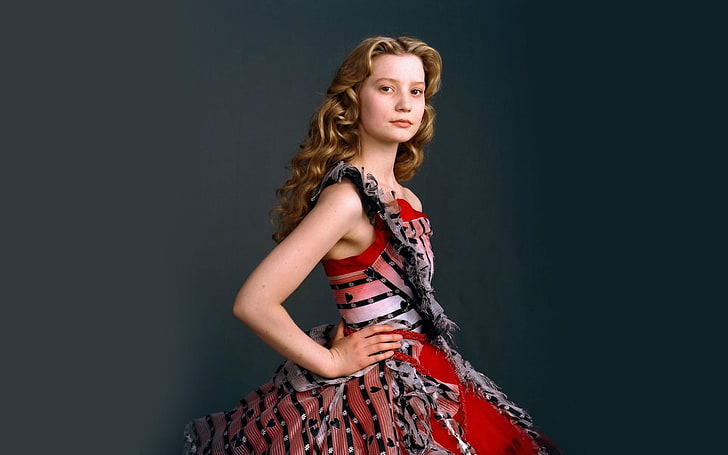 women's red sleeveless dress, mia wasikowska, actress, dress, photoshoot, HD wallpaper