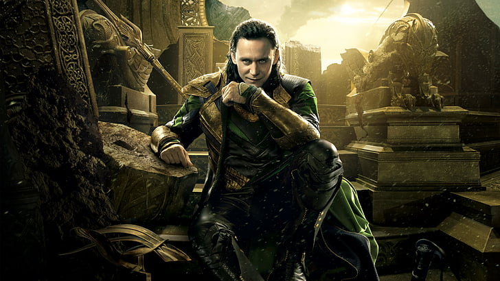 Loki siedzi na zniszczonym tronie, Thor: Ragnarok, Loki, Marvel, Tom Hiddleston, najlepsze filmy, Tapety HD