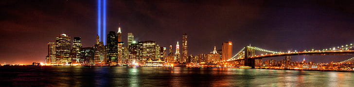 夜の時間の間に都市の建物、WTC、光のトリビュート、パノラマシティ、建物、夜の時間、世界貿易センター、夜の光、ニューヨークニューヨーク、ニューヨーク市、マンハッタン、スカイライン、パノラマ、都市景観、イーストリバー、ブルックリン橋、橋の建物、建築、高層ビル、夜、都市のスカイライン、マンハッタン-ニューヨーク市、米国、ブルックリン-ニューヨーク、ダウンタウン地区、都市のシーン、ロウアーマンハッタン、都市、domタワー-ニューヨーク、有名な場所、照らされた、川、新しいヨーク州、ハドソン川、金融地区、 HDデスクトップの壁紙