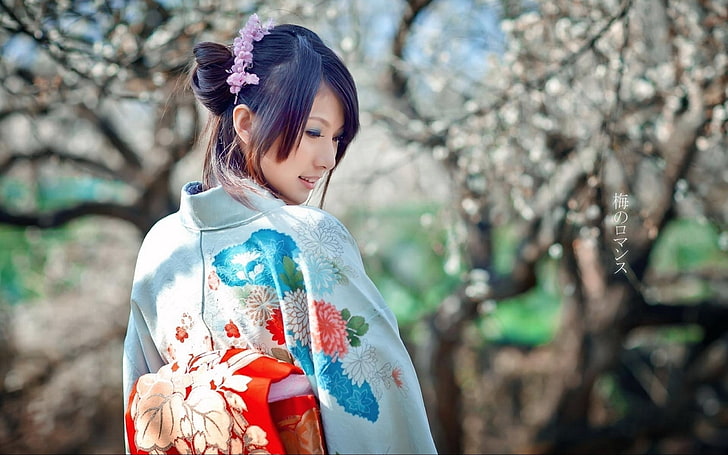women's blue and multicolored floral kimono, brunette, asian, kimonos, trees, flowers, hair, HD wallpaper