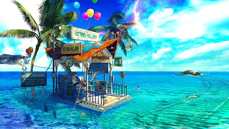 sea, fish, palm trees, balloon, anime girls, artwork, anime, sky, HD wallpaper