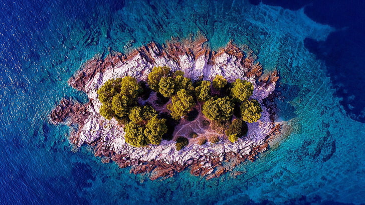 Fotografia z drona, widok z drona, widok z lotu ptaka, morze, wyspa, wysepka, błękitne morze, błękitna woda, niezamieszkana wyspa, Chorwacja, Tapety HD