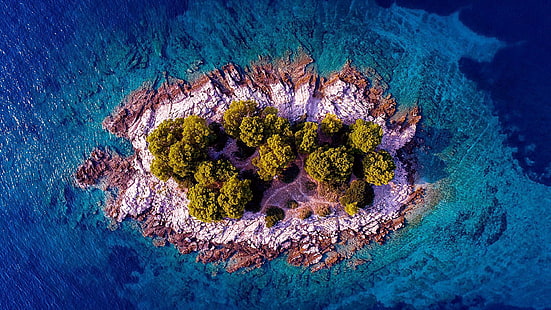 fotografia di drone, vista drone, vista aerea, mare, isola, isolotto, mare blu, acqua blu, isola disabitata, croazia, Sfondo HD HD wallpaper
