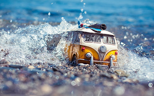 furgoni, macro, acqua, gocce d'acqua, Volkswagen, Volkswagen combi, giocattoli, miniature, Sfondo HD HD wallpaper