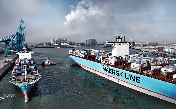white Maersk Line ship, Sea, Port, Pier, Smoke, The ship, A container ship, Cranes, Two, Waste, Maersk, Maersk Line, Cargo, Flight, Tug, Container, HD wallpaper