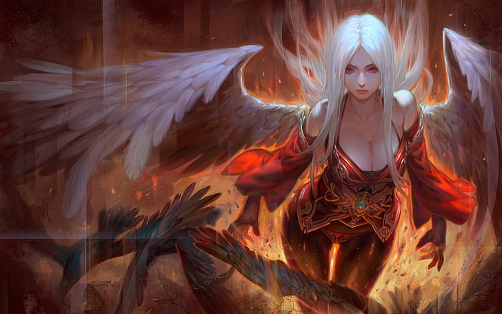 Chica Angel-White-hair-angel wings-and-red eyes-fire-Art Wallpaper HD-1920 × 1080, Fondo de pantalla HD