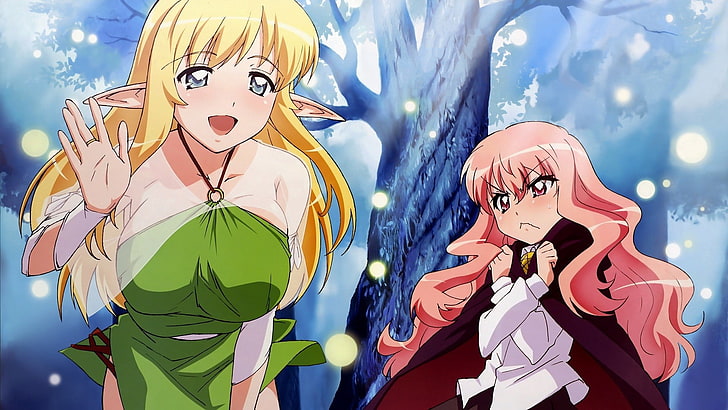 two female elf anime digital wallpaper, girl, zero no tsukaima, smile, resentment, wood, salutation, HD wallpaper