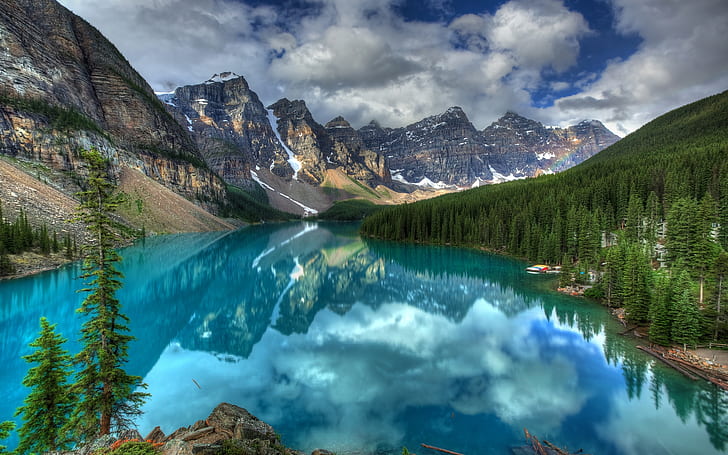 Stunning Mountain River, clouds, forest, sky, lake, canada, travel, HD wallpaper