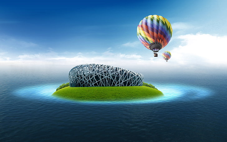 balon na ogrzane powietrze w pobliżu cyfrowej tapety wysepki, planeta, wyspa, piłka, latający, ocean, Tapety HD