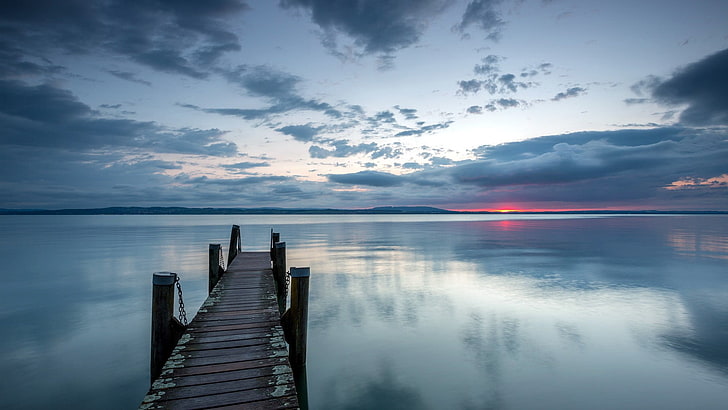 brown dock, sunset, water, pier, HD wallpaper