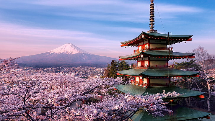 kirschblüte, vulkan, berg, fuji, mount fuji, frühling, landschaft, blüte, sakura, übersehen, asien, japan, yamanashi, fujiyoshida, arakura, chureito pagode, japanische architektur, HD-Hintergrundbild