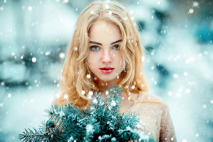 жени, лице, блондинка, портрет, сини очи, сняг, дълбочина на полето, червено червило, HD тапет