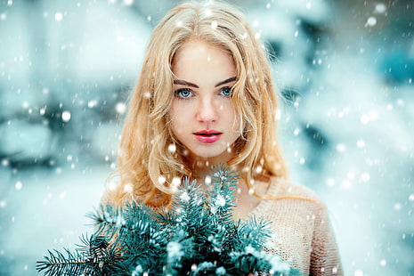 kvinnor, ansikte, blondin, porträtt, blå ögon, snö, skärpedjup, rött läppstift, HD tapet HD wallpaper