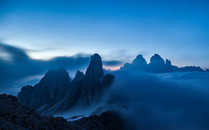 nature, landscape, mist, blue, mountains, evening, Alps, clouds, stars, HD wallpaper
