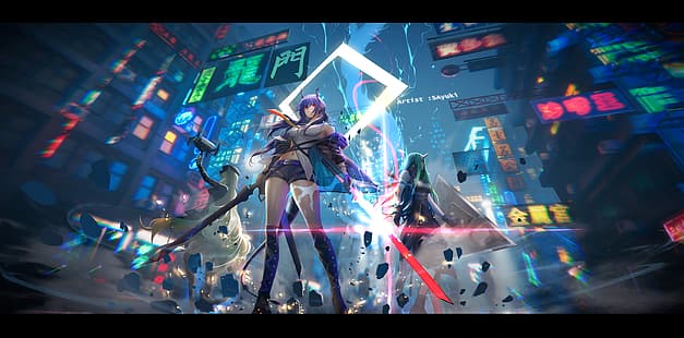 Anime, Anime Girls, Arknights, Chen (Arknights), Hoshiguma (Arknights), Hörner, Low-Angle, Digital, SAyuki, HD-Hintergrundbild HD wallpaper