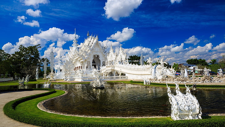 흰색과 갈색 콘크리트 집, 건축, 왓 롱 쿤, 사원, 태국, HD 배경 화면