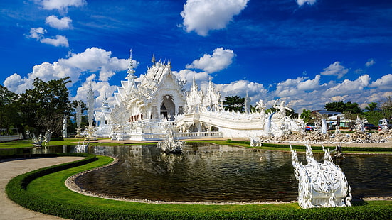 منزل خرساني أبيض وبني ، هندسة معمارية ، وات رونغ خون ، معبد ، تايلاند، خلفية HD HD wallpaper