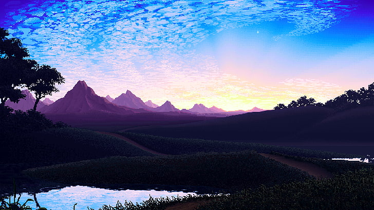 animated illustration of mountains, nature, pixel art, pixels, mountains, calm, sky, artwork, landscape, digital art, sunrise, HD wallpaper