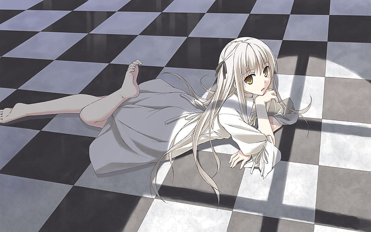beige-haired female anime character illustration, girl, blond, young, floor, foot, gesture, black, white, HD wallpaper