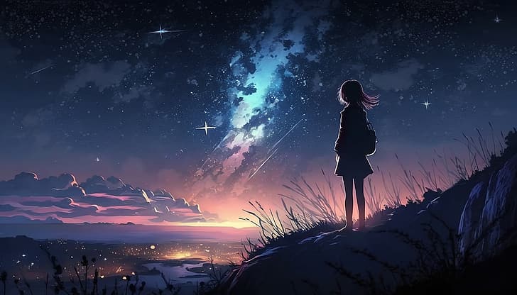 Chicas anime, paisaje, estrellas fugaces, paisaje nocturno, cielo nocturno,  Fondo de pantalla HD | Wallpaperbetter