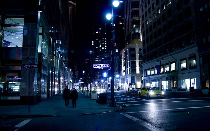 lampadaire blanc, nyc, nuit, rue, new york, Fond d'écran HD