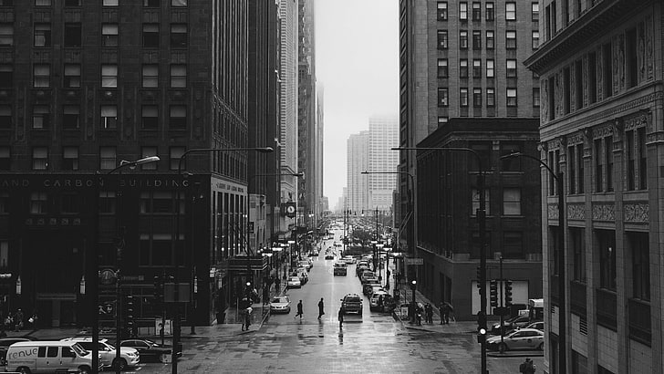 obszar metropolitalny, chicago, widok ulicy, metropolia, pejzaż miejski, czarno-biały, nastrój, stan Illinois, Stany Zjednoczone, ulica, śródmieście, USA, monochromatyczna fotografia, budynek, ulica, Ameryka, Tapety HD