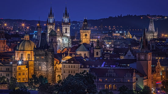 プラハ、チェコ共和国、ヨーロッパ、都市部、空、スカイライン、夜、夜、塔、夕暮れ、チェコ、 HDデスクトップの壁紙 HD wallpaper